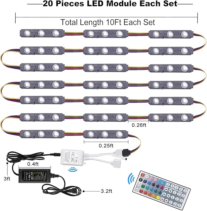 Module 100FT LED Strip Lights, Waterproof RGB 5050 Color Changing Kit with 44 Key IR Remote and 12V Power Supply, Smart Memory Function for Bedroom, Party, Storefront Advertising Signs Decoration