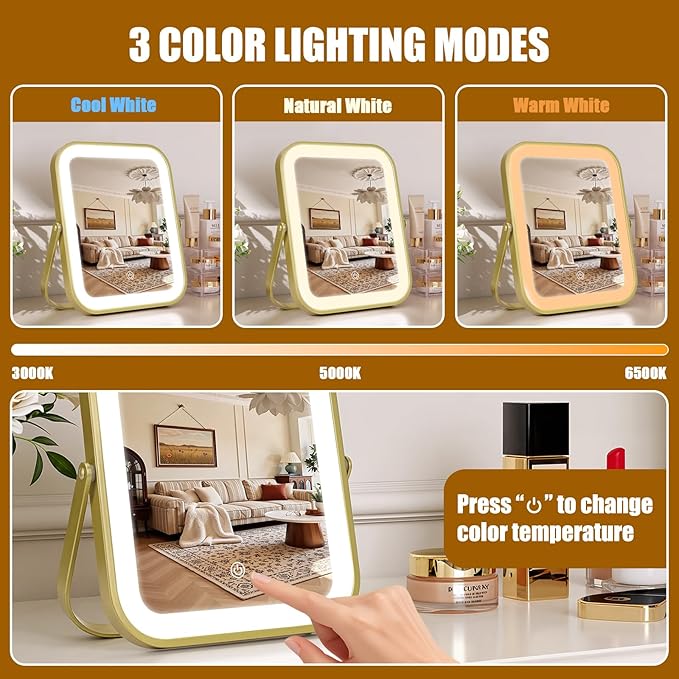 Rechargeable Vanity Mirror with Lights, 10"×8" Makeup Mirror with Lights, 1500mAH Battery, Smart Touch with 3-Color Lighting, Dimmable, HD Desk Mirror, Women Gift, Travel Essentials (Gold)
