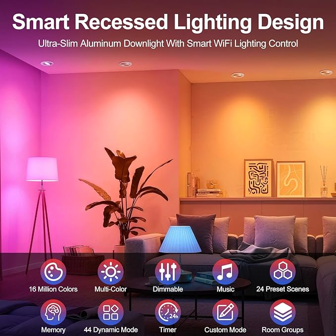 Smart 3 Inch LED Recessed Lighting, Ultra-Thin 60°Adjustable Downlight, 5W WiFi Compatible with Alexa and Google Home, Dimmable RGB & CCT 2700K-6500K, 120V Ceiling Light with LED Driver, 4 Pack