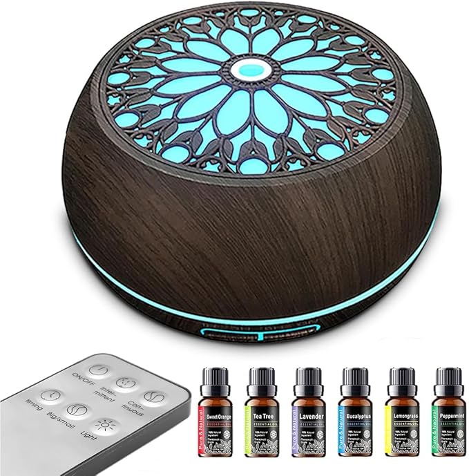 Essential Oils Diffuser Set for Home,Large Capacity 550ml Diffuser with Remote Control for Large Room,Mini Humidifier with LED Night Lights for Office Room Decor Gift for Women Men(Dark Wood Grain)