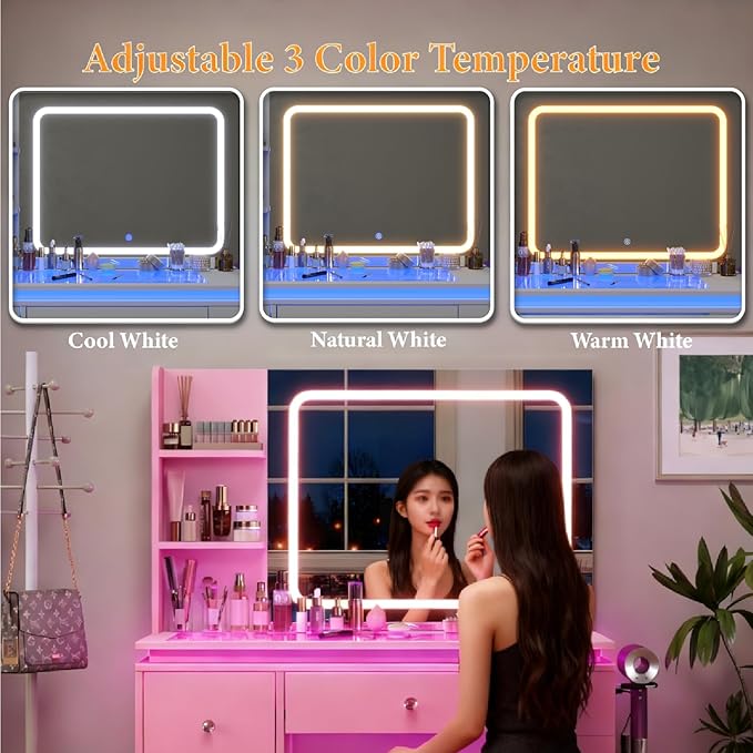 Pink Vanity Desk with Illuminated Mirror & Power Outlet, Bedroom Dresser LED Mirror Stepless Dimmable & 3 Color Modes Adjustable RGB Drawers, for Women Girls Bedroom（Pure Pink