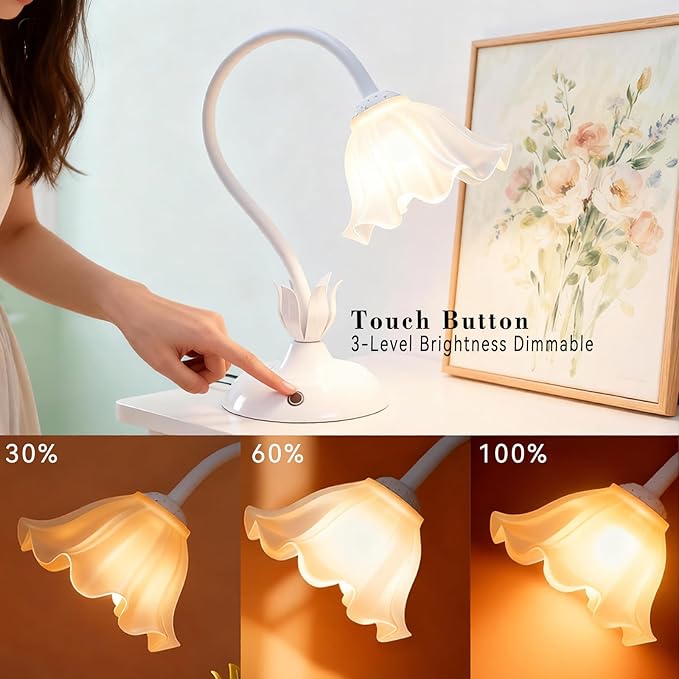 Cordless Flower Table Lamp White, Valentine‘s Gift, 5200-mAh Rechargeable Touch Lamp, 3-Way Dimmable, Build-in Integrated LED 320 Lumen Max, for Nightstand Bedroom Living Room