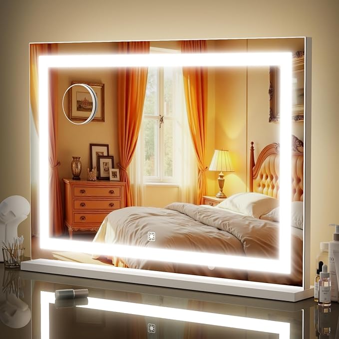 Makeup Vanity Mirror with Lights 26" x 20" Large LED Makeup Mirror, Light up Mirror with 10X Magnification and USB Charging Port, Dimmable 3 Modes, Touch Screen Control Square Corner