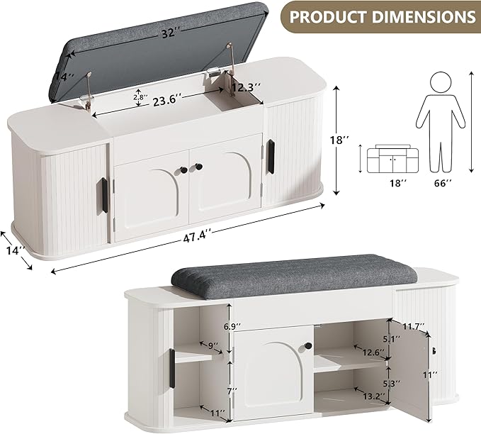 47.2'' Entryway Shoe Storage Bench with Seat Cushion & Sliding Door, Shoe Rack with Lift-Top Hidden Storage & Adjustable Shelf, Bench for Bedroom End of Bed, White