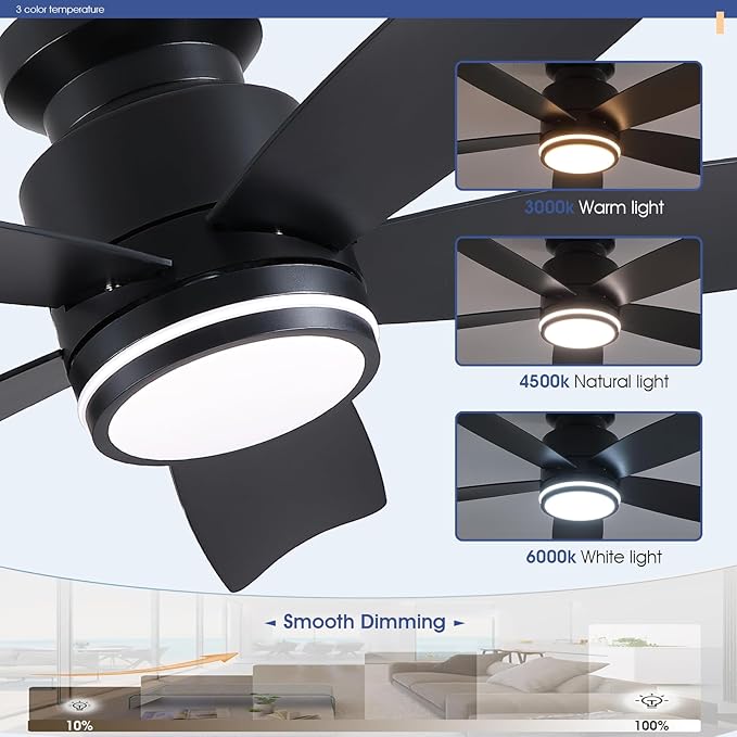 Ceiling Fans with Lights and Remote Control, 41 inch Low Profile Flush Mount Ceiling Fan, 3 CCT LED Dimmable Lights 5 Reversible Plastic Blades 6 Speeds for Bedroom Living Room, Black