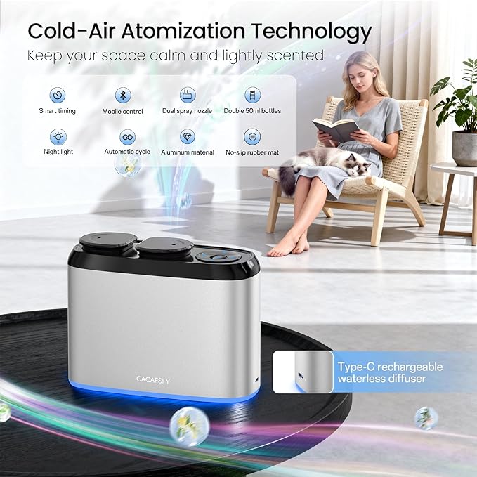 Waterless Scent Diffuser,2 * 50ml Hotel Scent Oils Included-Whole House Air Freshener-Scent Diffusers for Home,Office,Essential Oil Diffuser Large Room,Smart, Cold-Air Tech,App Control Silver