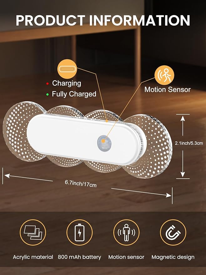 Motion Sensor Night Light for Bathroom & Toilet, Rechargeable Wireless Stick-On Indoor Lights, Magnetic No Drill for Hallway Stairs Bedroom, Warm White 3000K LED, Auto On/Off, 2 Pack