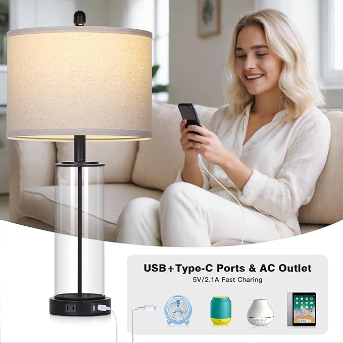26" Black Glass Table Lamps Set of 2, 3-Way Dimmable Touch Control Living Room Lamp with USB C+A Ports & AC Outlet, Modern Bedside Lamps, Elegant Bedroom Lamps for Nightstand Side End Table Desk