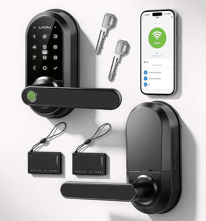 WiFi Smart Lock with Handle, Keyless Entry Door Lock for Front Door Lock Set with Alexa & Google Assistant, Voice Control & APP Remote, Fingerprint Keypad Door Lock with Handle,PIN Unlock,Auto Locking
