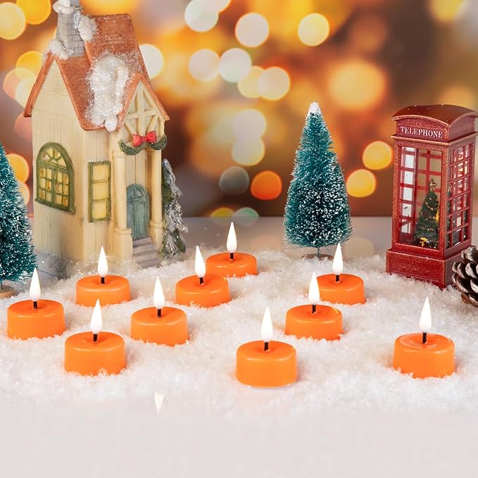 Eywamage Orange Flameless Tealights with Remote Batteries, LED Tea Votive Candles Real Wax Flickering Set of 10