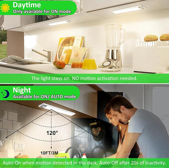 51-LED Motion Sensor Under Cabinet Lighting, 12-inch Magnetic Rechargeable Under Counter Closet Lights, Wireless Light Bar, 3-Pack, Neutral White