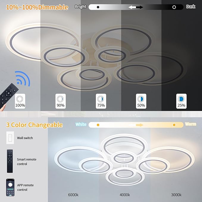 Modern LED Ceiling Light, Dimmable LED Chandelier Flush Mount Ceiling Lights, Remote Control Acrylic Ring Ceiling Lamp Fixture for Living Room Dining Room Bedroom (White, 8 Rings)