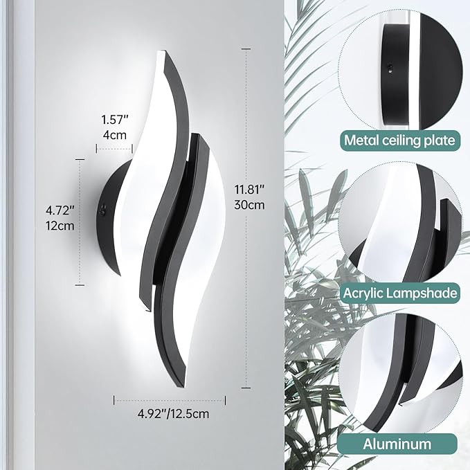 CANEOE 2 Packs Modern LED Wall Sconce 6000K Black Indoor Wall Light Fixtures Acrylic Wall Sconce Lighting for Living Room Bedroom Bedside Bathroom Hallway Stairway Wall Lamp (Black, 2 Packs, 6000K)