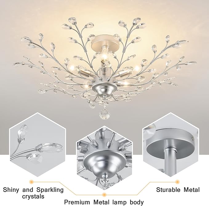 CVKASH 5-Light Vintage Small Crystal Chandelier Modern Silver Branche Ceiling Light Fixture Farmhouse for Kitchen Dining Room Living Room Bedroom Hallway Foyer