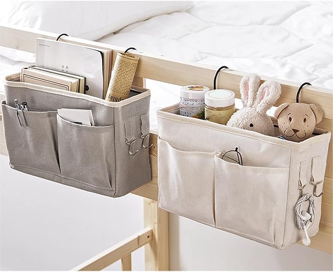 Nightstand Hanging Bag Cotton Linen Bedside Storage for Dorm Rooms (White)