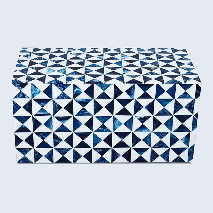 Handicrafts Home Blue and White Decorative Storage Box with Lid– Large Decorative Storage Box, Handmade Resin Inlay Wooden Box, Memory Keepsake Box, Jewelry Organizer, Coffee Table Decor Box-10x5x5