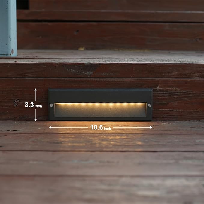 GOODSMANN Low Voltage Step Lights Kits 10.6 Inch Outdoor 12V AC Landscape Stair Lights Wired 8PK 6W LED Electric Outdoor Deck Lighting Black Metal 122 Lumens 3000K Warm White with Cable Connectors