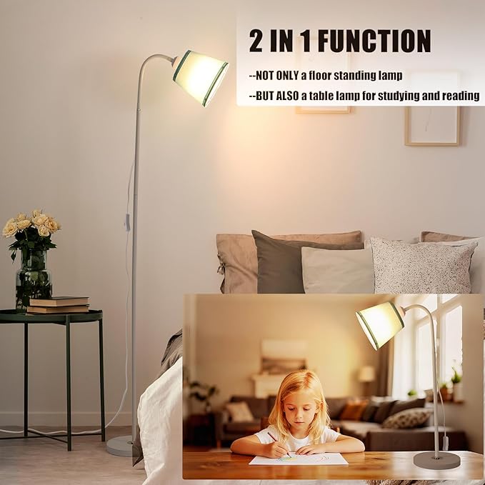 AoMck Floor Lamp, Industrial Metal Floor Lamps for Living Room with Adjustable Bendable 2 in 1 Reading Table Lamps for Living Room Bedroom Office (W+Green Shade)
