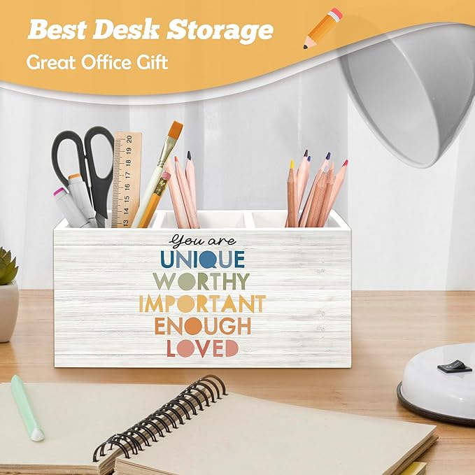 Mental Health Pen Holder Organizer for Desk Accessories, Inspirational Wooden Box Sign Desk Decorations for Therapy Counselor Office Classroom Decor,Mental Health Gifts