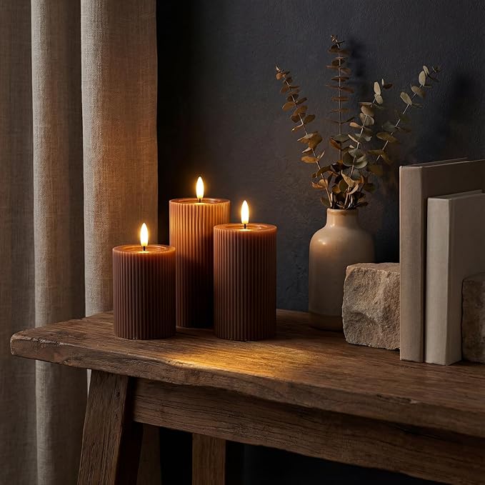 WYZworks Fluted Ribbed LED Pillar Candles, Brown, with Realistic Reflective Melted-Wax Effect – Flickering Flame, Remote, Dimmable, Flameless, Battery Operated, Home & Wedding Decor (Set of 3)