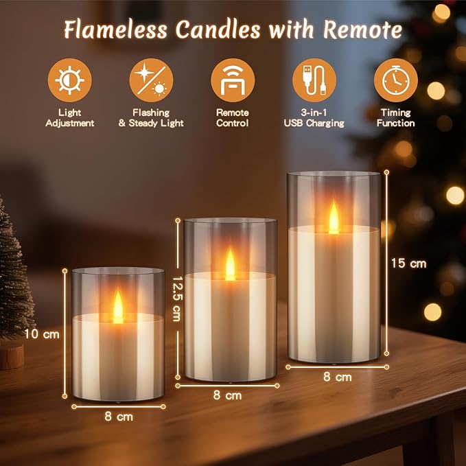 3PC Radar Motion Sensor Rechargeable Led Candles, Flameless Flickering Candle with Remote & Timer, Real Wax in Glass with Flickering Warm Light for Festival, Bedroom, christmas and party Decor-Gray