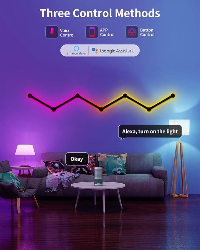 Smart LED Wall Lights, Music Sync Voice Control DIY RGB Light Bar with 16M+ Color & 44+ Scenes, Dimmable Home Decor Wi-Fi Wall Light for Gaming Room TV Bedroom (6 Lines)