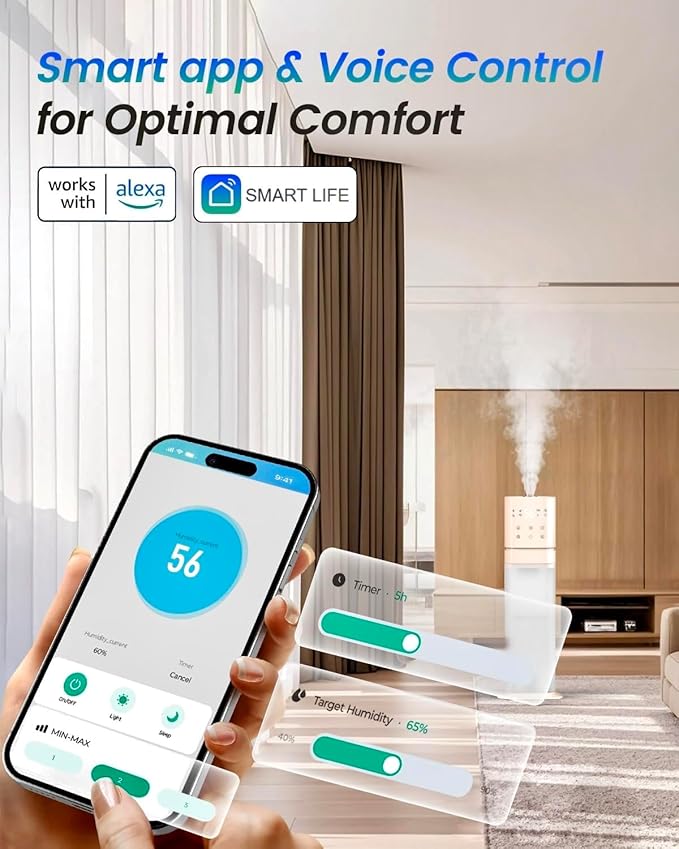 Smart Humidifier Large Room, 2.1Gal/8L Humidifiers for Bedroom with Extended Tube&Night Light, Whole House Cool Mist Humidifiers, WIFI App&Voice Control, Home/Kids/Baby, Pale Pink