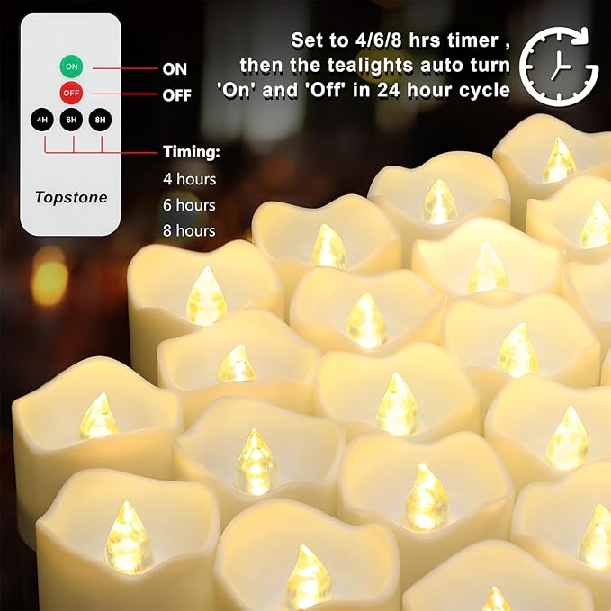 Topstone Remote Controlled Led Tea Lights,Flameless Candles with Timer,CR2450 Battery Powered Candles, Electric Votive Candle,for Festival Decoration and Wedding,Pack of 12,Warm White Light Color