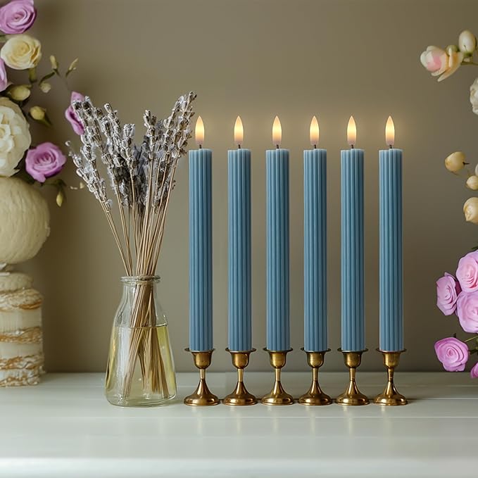 WYZworks 10" Fluted Ribbed LED Blue Grooved Pillar Candles, Remote & 24h Timer Memory, On/Off Switch - Flameless Dimmable Battery Operated w/Flicker Mode, Home Wedding Decor (6 Pack)