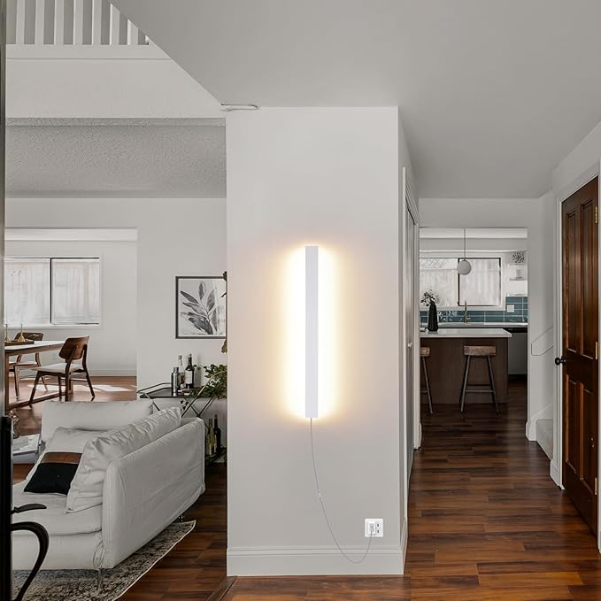 Modern Plug in Wall Sconces, 23.6 inch Frosted White LED Long Wall Lights, 12W Warm White 3000K Acrylic Indoor Wall lamp,with 59" Plug Cable for Bedroom, Living Room, Bathroom Makeup, Hallway