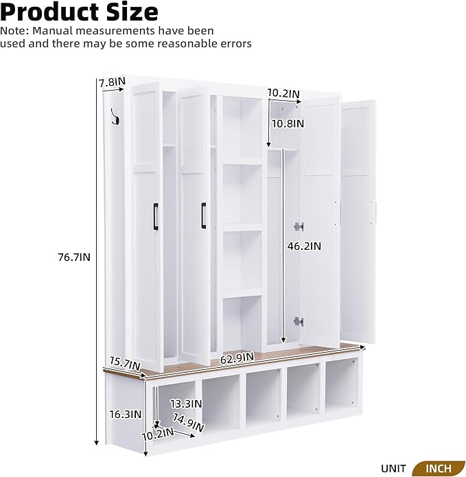 Merax Modern Farmhouse Hall Tree with Bench, 4-in-1 Entryway Storage Cabinet & Shoe Organizer with Hooks, White