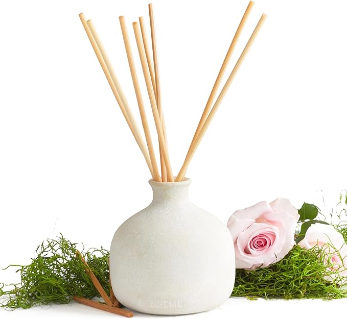 Blueme Romance Diffuser | Oakmoss & Sandalwood | 16.91 Fl Oz - Refillable Wellness Diffuser, Contains Essential Oil, Sustainable, Hand Finished, Premium, Luxury Ceramic, Natural Rattan Reeds | Large