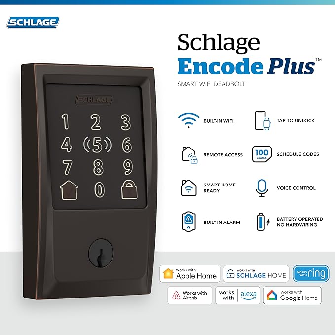 Schlage Encode Plus Smart Wi-Fi Lock for Front Door, Keyless Entry Deadbolt, Unlock with Apple Watch, Built-in WiFi and App Control, Easy Install, Alexa & Apple HomeKit Compatible, Aged Bronze