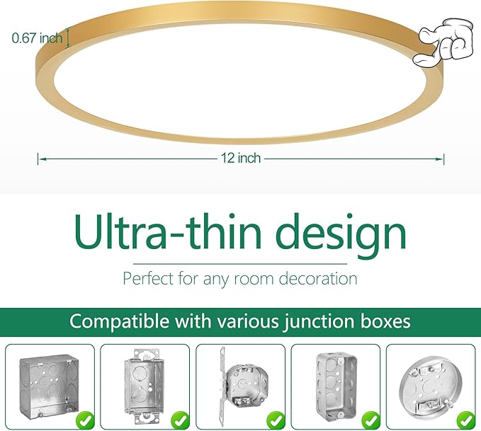 Brightever Gold LED Flush Mount Ceiling Light Fixture, 12 Inch 24W, Super Slim 0.67 Inch 3200LM LED Ceiling Lights, Dimmable & 2700K-6500K 5 Color in One Ceiling Lamp for Bedroom, Porch, 2 Packs