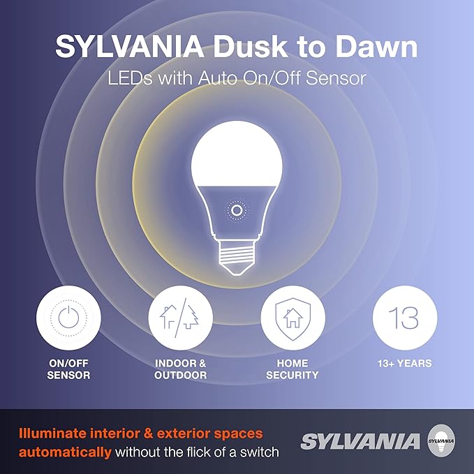 Sylvania Dusk to Dawn A19 LED Light Bulb with Auto On/Off Light Sensor, 60W=9W, 800 Lumens, 5000K, Daylight - 1 Pack (41289)