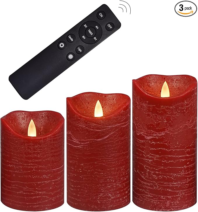 CANDLE CHOICE Real Wax Battery Operated Flameless Candles with Remote Automatic Daily Cycle Timer Realistic Flickering Electric LED Pillars Wedding Party Holiday Decorations 3 Pack Rustic Texture Red