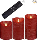 CANDLE CHOICE Real Wax Battery Operated Flameless Candles with Remote Automatic Daily Cycle Timer Realistic Flickering Electric LED Pillars Wedding Party Holiday Decorations 3 Pack Rustic Texture Red