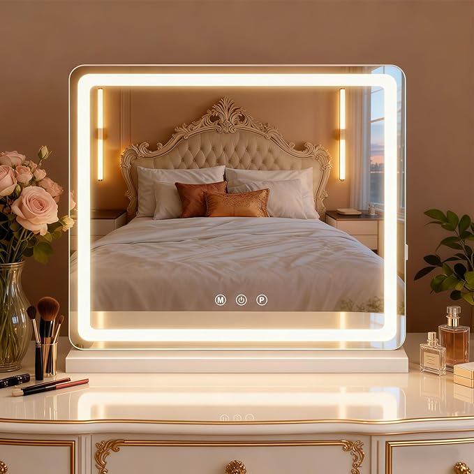 Vanity Mirror with Lights, LED Makeup Mirror with 3-Color Dimmable Lighting, Smart Touch Control, Memory Function, Tabletop Lighted Mirror for Bedroom, Dressing Room