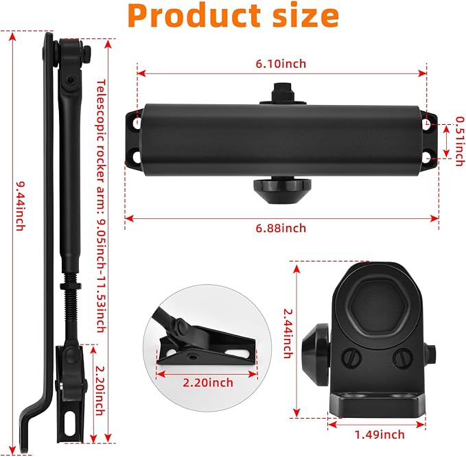 Closer Heavy Duty Automatic Door Closer (Silver Aluminum), Spring Loaded Hydraulic Automatic Door Closer with Adjustable Closing Speed and Force for Interior, Exterior Doors (Black)