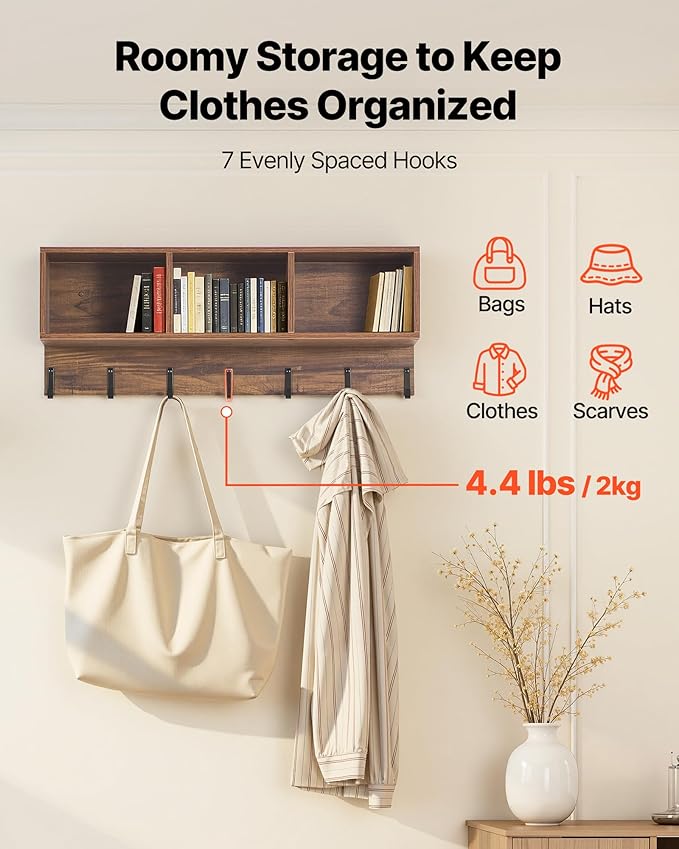 VEVOR Coat Rack with Shoe Bench, 3-in-1 Shoe Coat Rack Combo Set with Hooks and Bookshelf, Steel Frame Hall Tree Entrance Storage Organizer Holder for Entry, Bedroom, Closet, Office, Rustic Brown