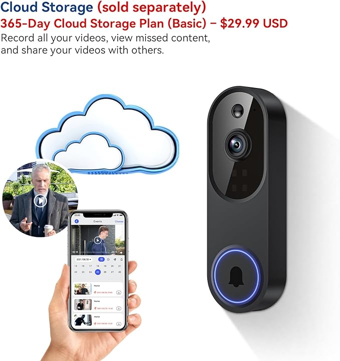 1080P Wireless Video Doorbell Camera, 2.4G WiFi Only, AI Human Detection, Indoor/Outdoor Surveillance Cam, 2-Way Talk, Night Vision, Cloud Storage (Sold Separately)