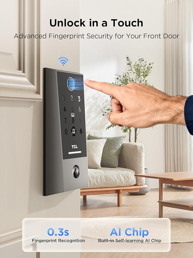 TCL Wi-Fi Smart Lock D2 Plus, Fingerprint Door Lock, Keyless Entry Security Electronic Deadbolt for Front Door, Built-in Doorbell, Compatible with Alexa, Auto Lock, Easy Install