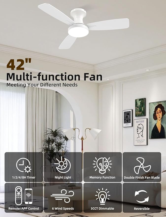 42 inch Smart Ceiling Fan with Light, Low Profile Flush Mount with Remote Control, Ultra-Quiet Reversible DC Motor, 3 Color Temperatures & 6 Speed Dimmable Lighting for Bedroom, White