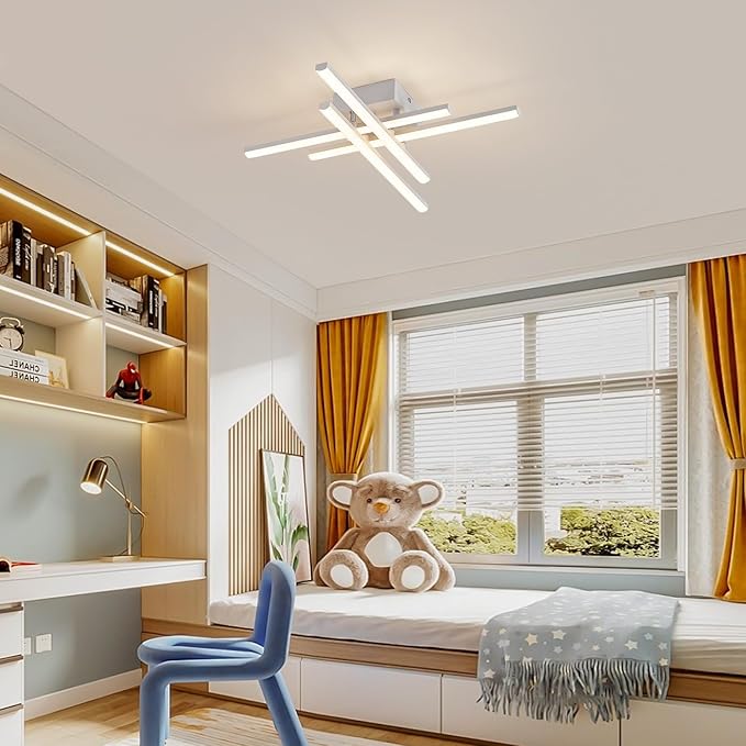 Modern Flush Mount LED Ceiling Light Fixture, Dimmable 24inch Ceiling Lights for Bedroom Living Room Kitchen, 4-Light White Ceiling Lamp LED Small Chandelier Ceiling Light with Remote, 2000lm
