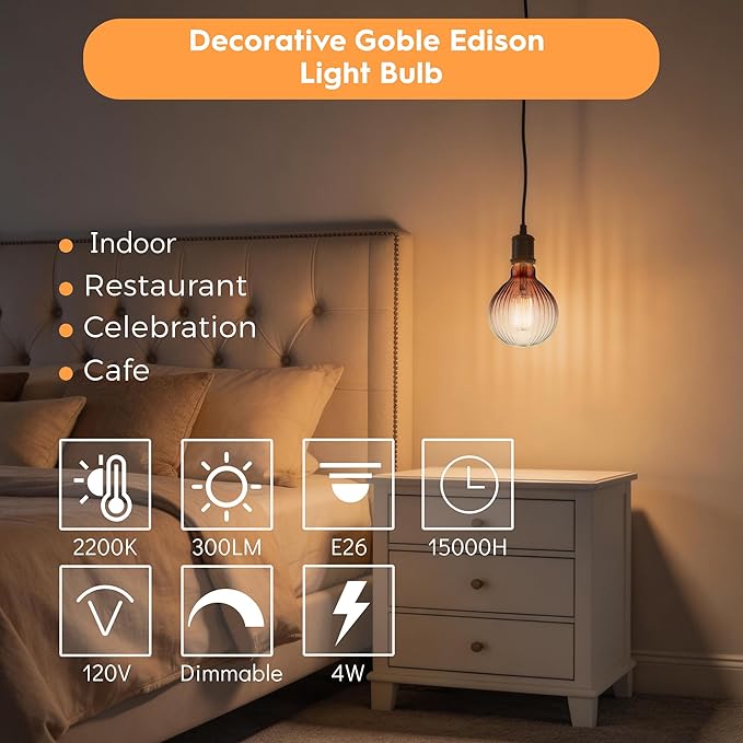 Vintage Edison LED Bulbs, Dimmable 4W Globe G125, 2200K Warm White Ambient Mood Lighting for Decoration, Squirrel Cage Filament, Gradient Brown Striation Figure Glass LED Light Bulbs, E26 Base