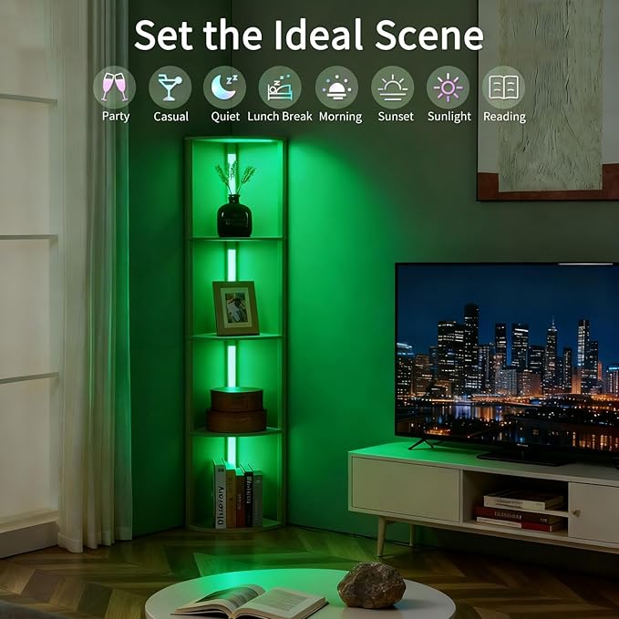 RGBCW Floor Lamp, Smart Modern Floor Lamp with Music Sync, Color Changing Corner Display Shelf Lamp, Standing Lamp with Shelves for Living Room and Bedroom, Office, Whitewashed Oak