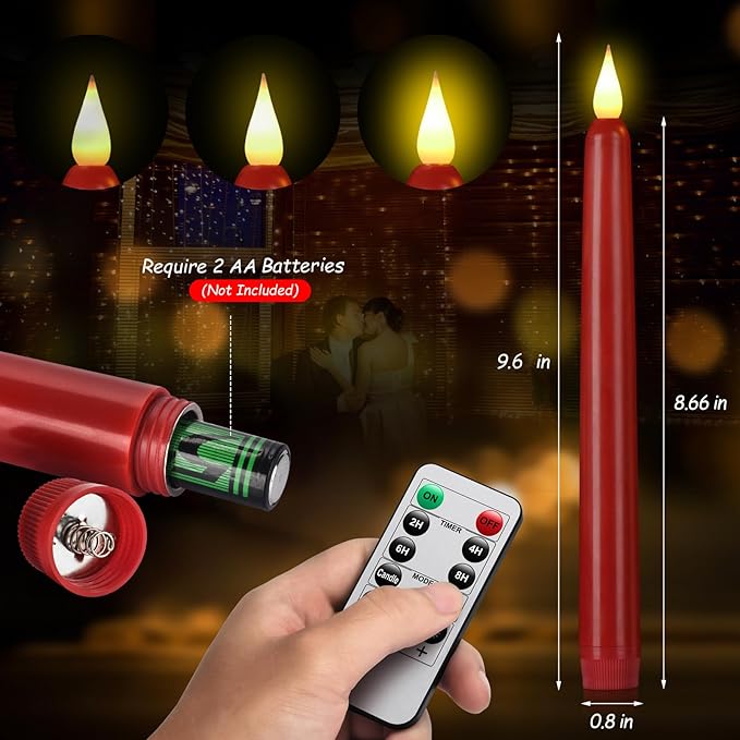 Flameless Taper Candles with Remote Control and Timer, Battery Operated LED Candlesticks with Flickering 3D Flame, 9.6×0.8 Inches Plastic Tall Candles for Christmas, Wedding and Home Decor (Red, 6)