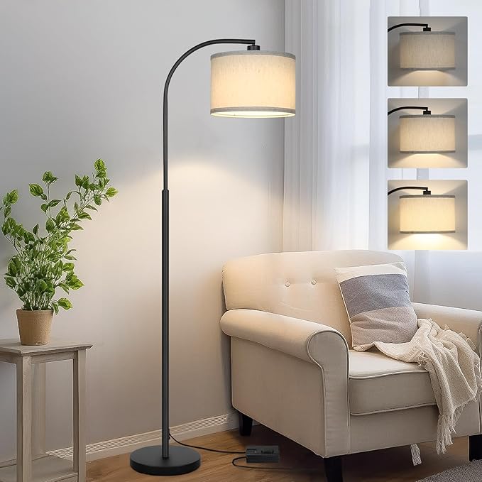 Boncoo Modern Floor Lamp for Living Room, Arc Floor Lamp with Adjustable Hanging Shade, Black Light with Pedal Switch for Bedroom Study Room, 9W 3000K LED Bulb Included