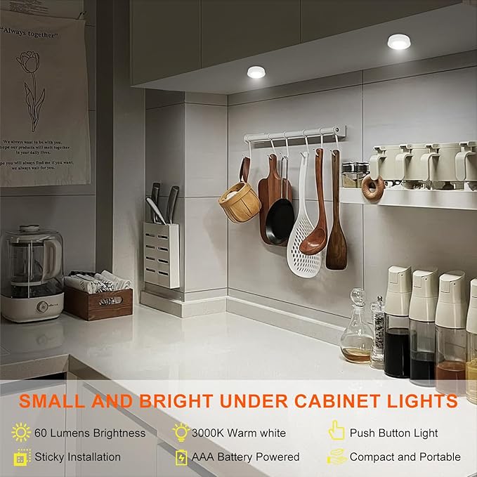BIGMONAT LED Puck Light, Stick on Lights, Closet Lights Battery Operated, Tap Lights, 60 Lumens Touch Light, Under Cabinet Lighting, Ideal for Kitchen Cabinets, Closets, Garage and More, 3-Pack, White