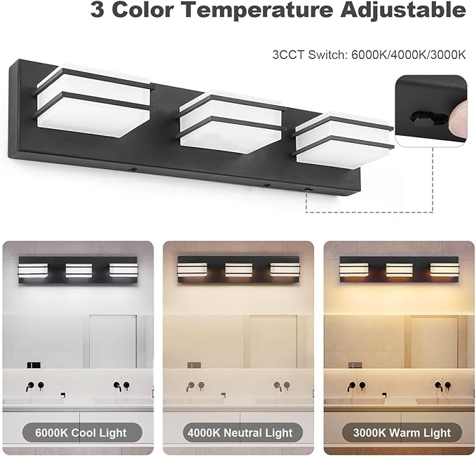 3 Color Temperature Dimmable Bathroom Light Fixtures Over Mirror, LED Black 3 Light Vanity Lighting Fixtures, Acrylic Stainless Steel Square Shade Vanity Lights for Bathroom, ETL Certificated